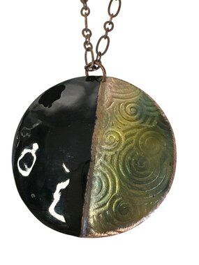 Round Copper Pendant Necklace Black & Green Swirl Design On Chain Boho Artsy
